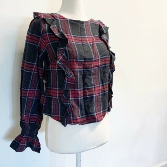 Romeo + Juliet Couture long sleeve plaid Ruffle top red gray sz M - Picture 12 of 12